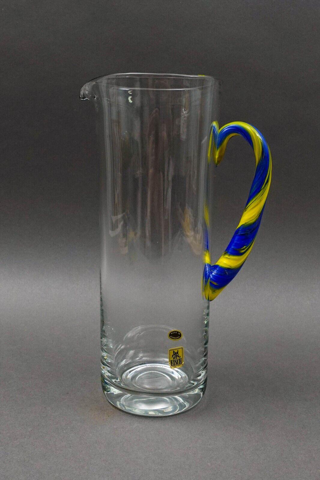 EISCH Germany Blue Yellow Handle Art Glass Jug Pitcher Beverage Holder 10 3/4"