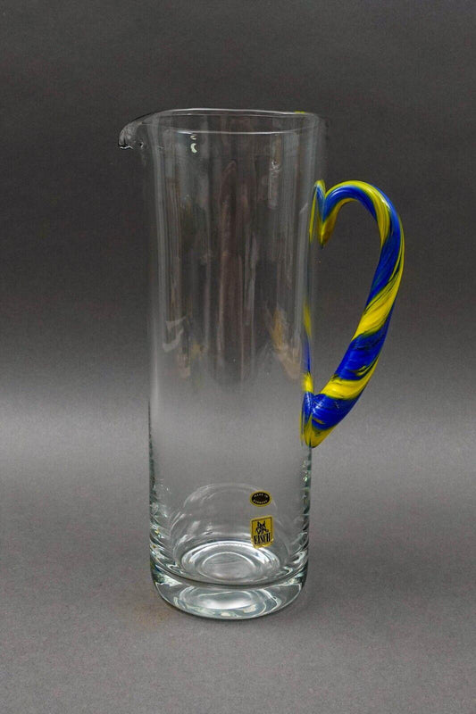 EISCH Germany Blue Yellow Handle Art Glass Jug Pitcher Beverage Holder 10 3/4"