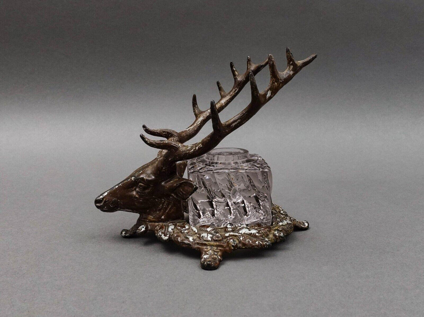 Bradley Hubbard Antique Deer Stag Elk Head Cast Inkwell With Glass Jar (No Lid)