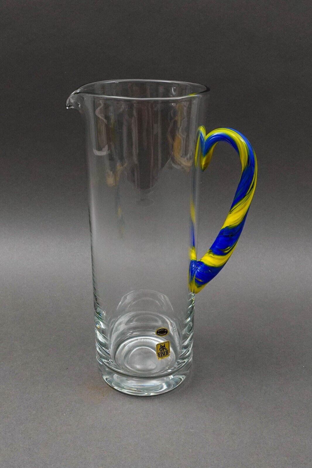 EISCH Germany Blue Yellow Handle Art Glass Jug Pitcher Beverage Holder 10 3/4"