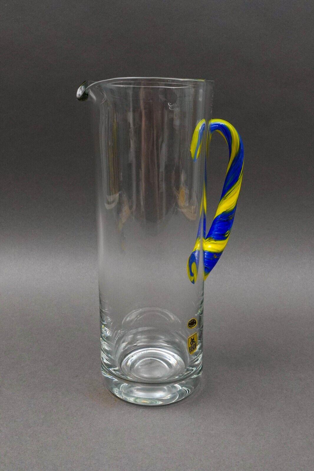 EISCH Germany Blue Yellow Handle Art Glass Jug Pitcher Beverage Holder 10 3/4"