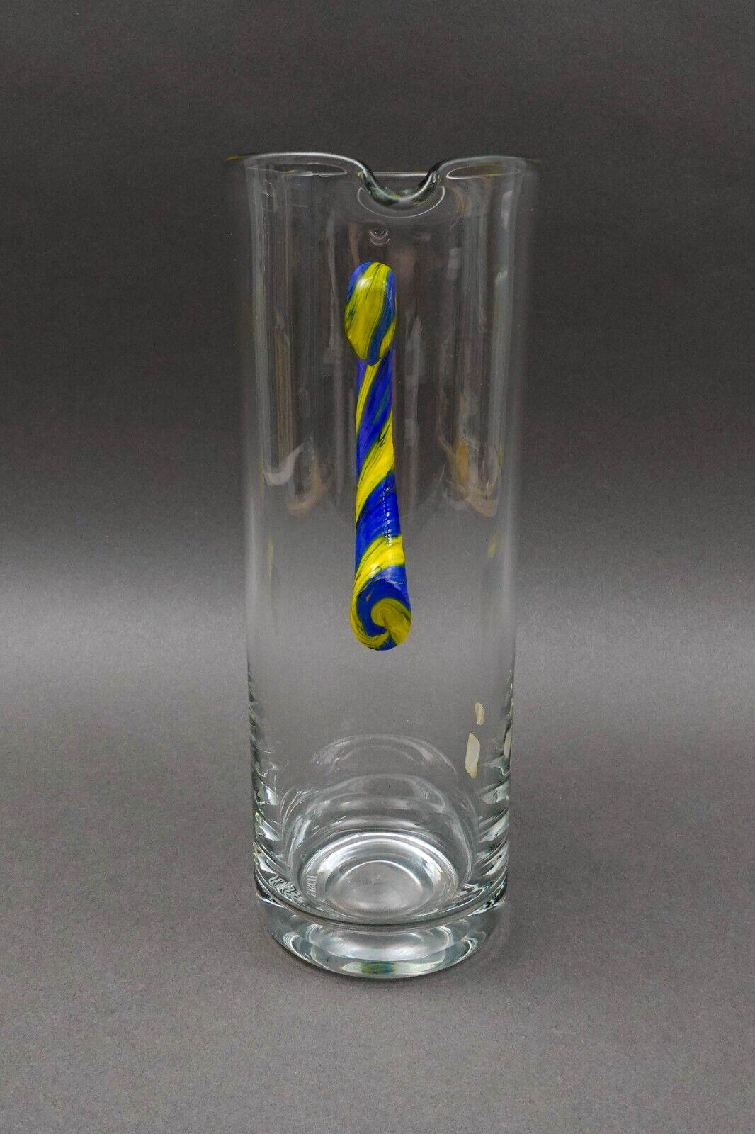 EISCH Germany Blue Yellow Handle Art Glass Jug Pitcher Beverage Holder 10 3/4"