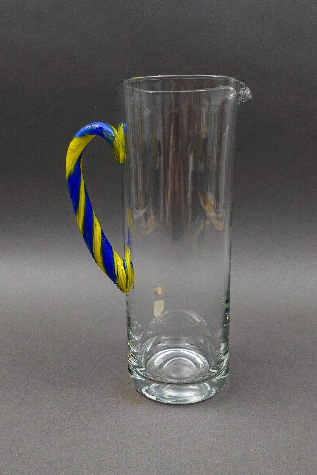 EISCH Germany Blue Yellow Handle Art Glass Jug Pitcher Beverage Holder 10 3/4"