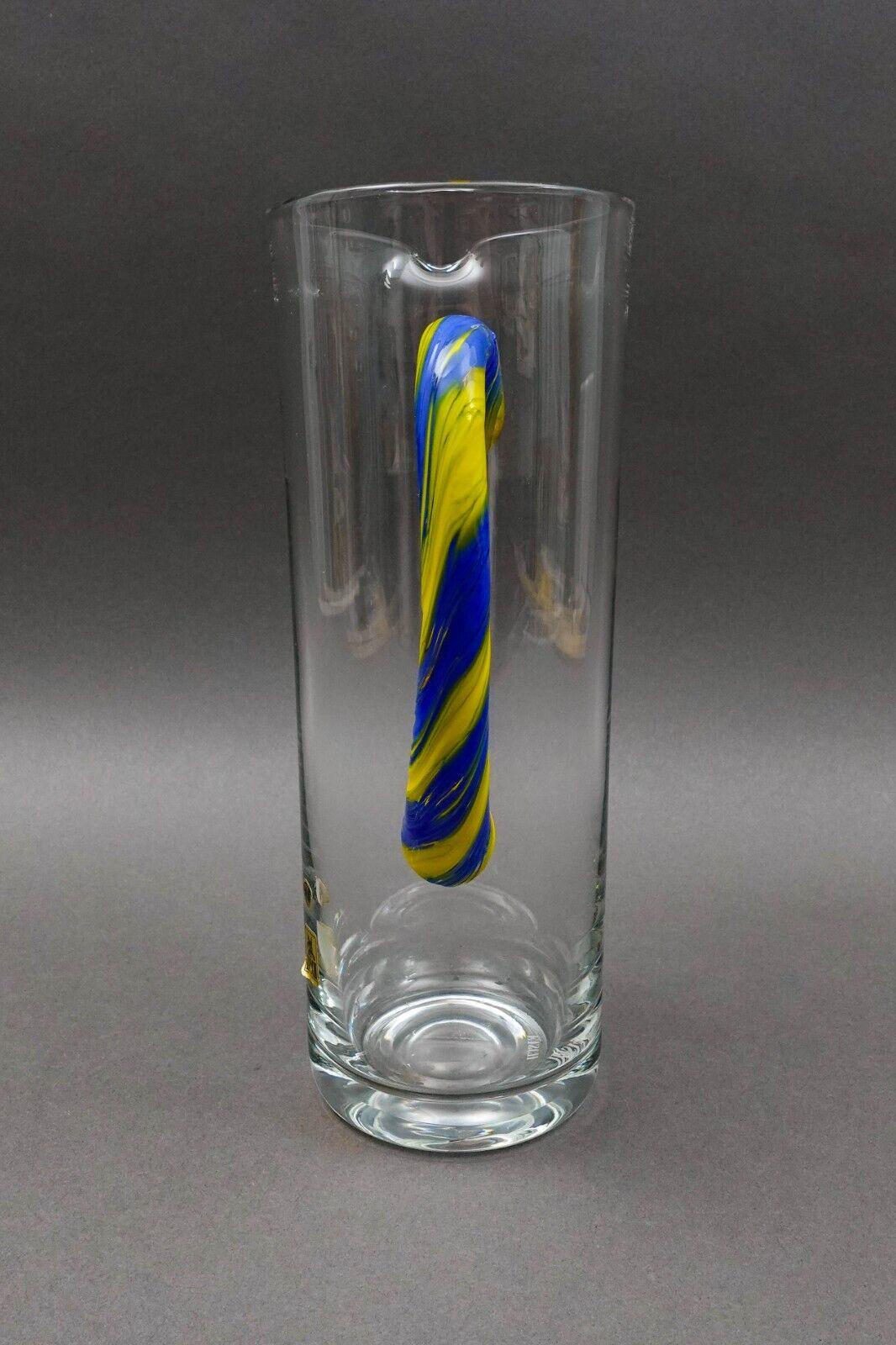 EISCH Germany Blue Yellow Handle Art Glass Jug Pitcher Beverage Holder 10 3/4"