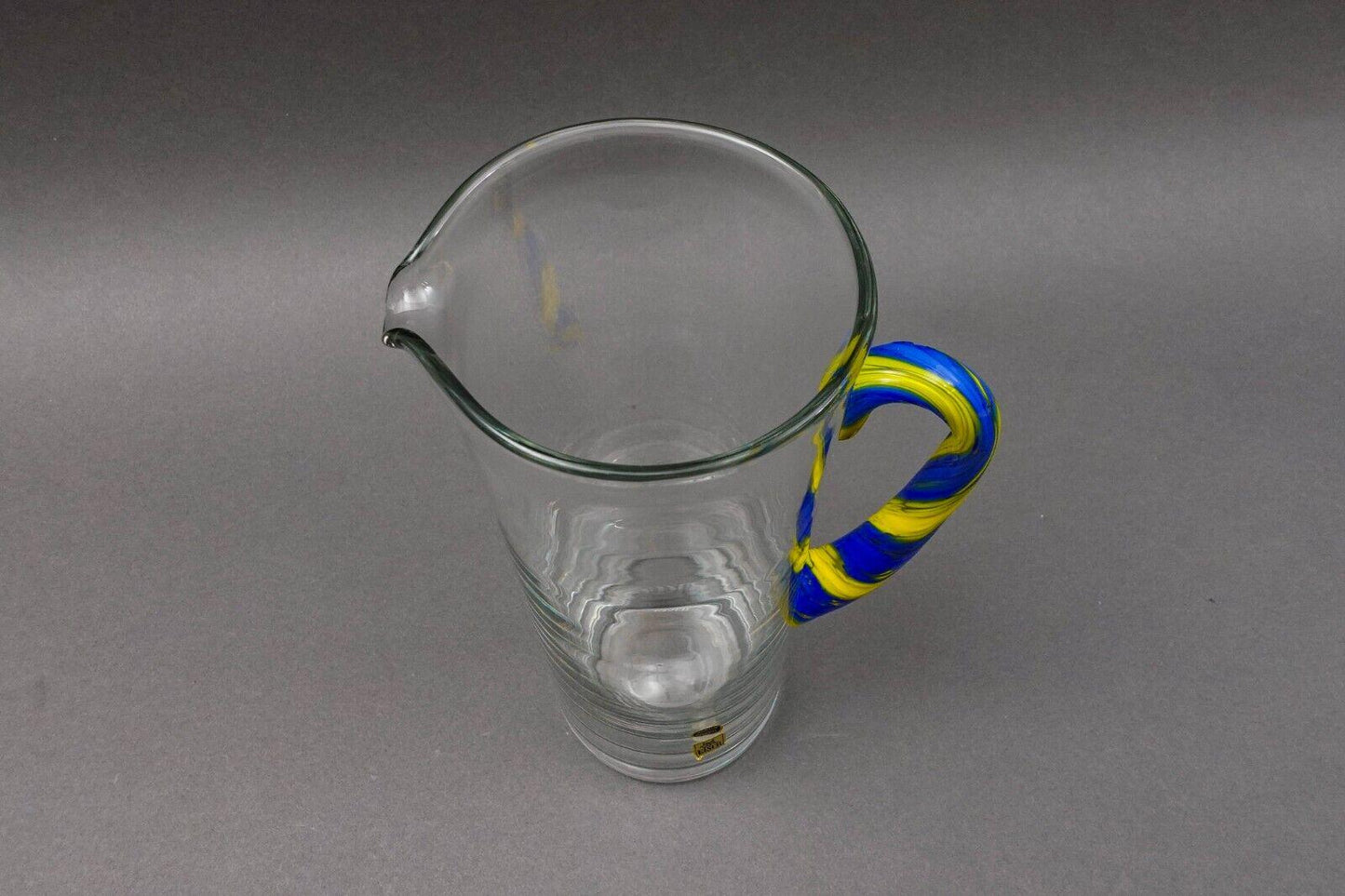 EISCH Germany Blue Yellow Handle Art Glass Jug Pitcher Beverage Holder 10 3/4"