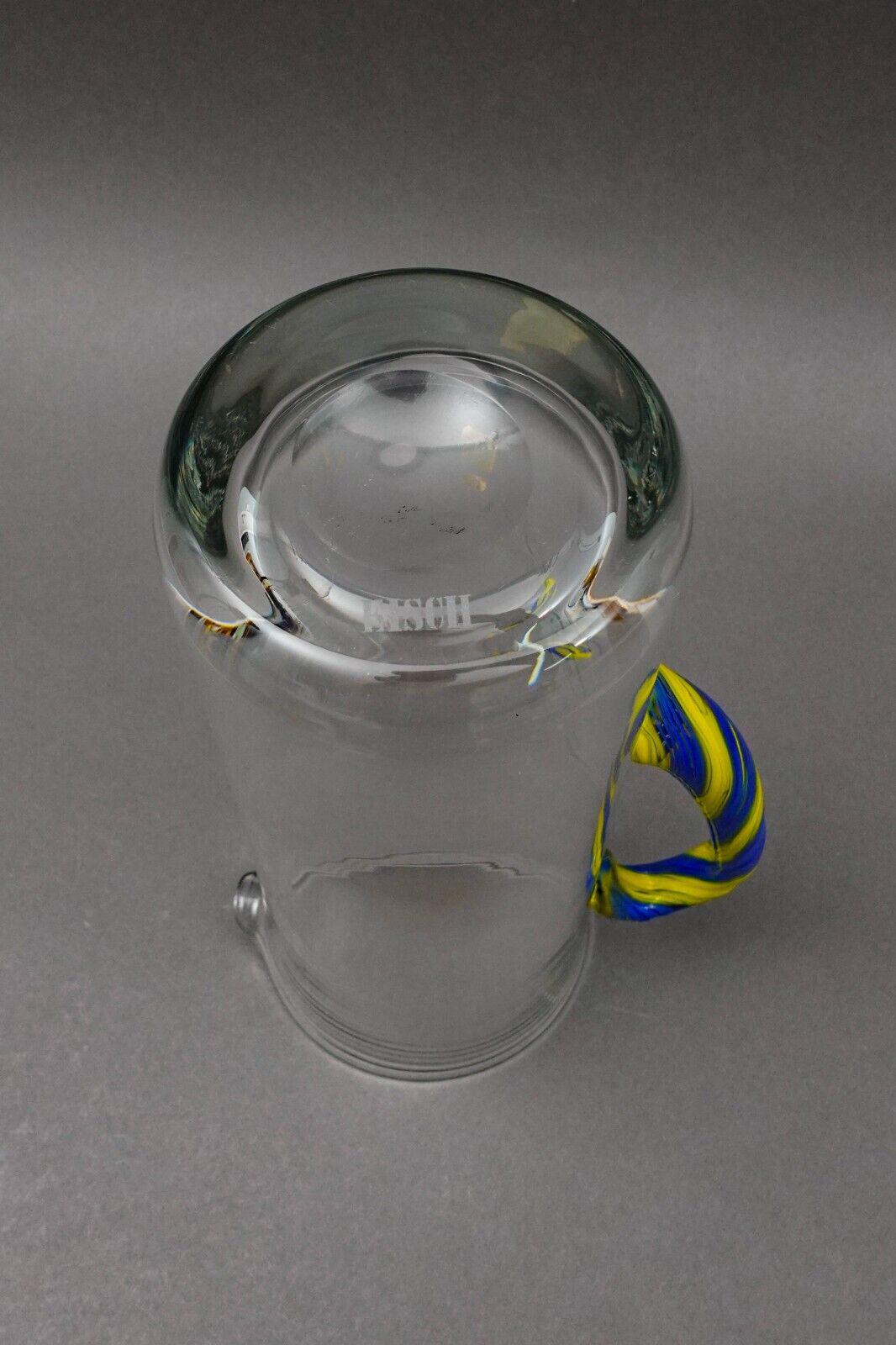 EISCH Germany Blue Yellow Handle Art Glass Jug Pitcher Beverage Holder 10 3/4"