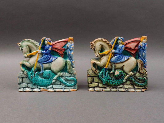 Antique Italian St George Slaying Dragon Terracotta Plaque Bookend Sculpture Set