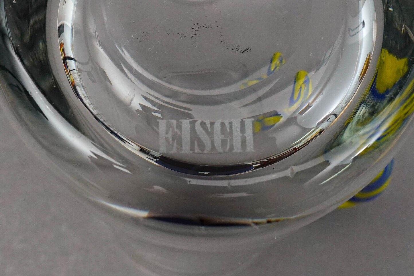 EISCH Germany Blue Yellow Handle Art Glass Jug Pitcher Beverage Holder 10 3/4"