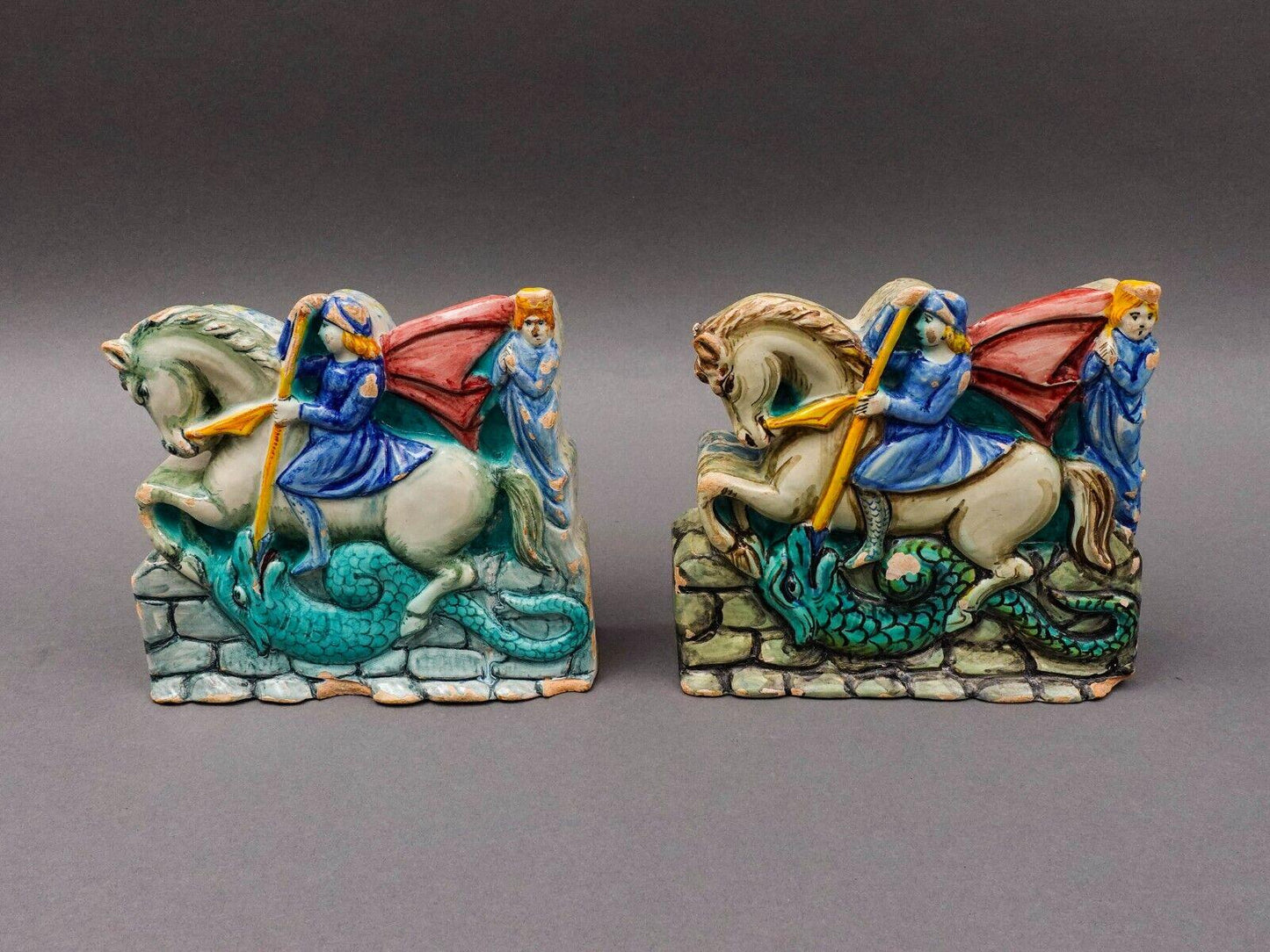 Antique Italian St George Slaying Dragon Terracotta Plaque Bookend Sculpture Set