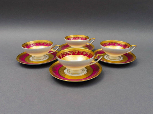 DW Porzellan Karlsbader Wertarbeit Fuchsia Gold Encrusted Cup & Saucer Set Of 4