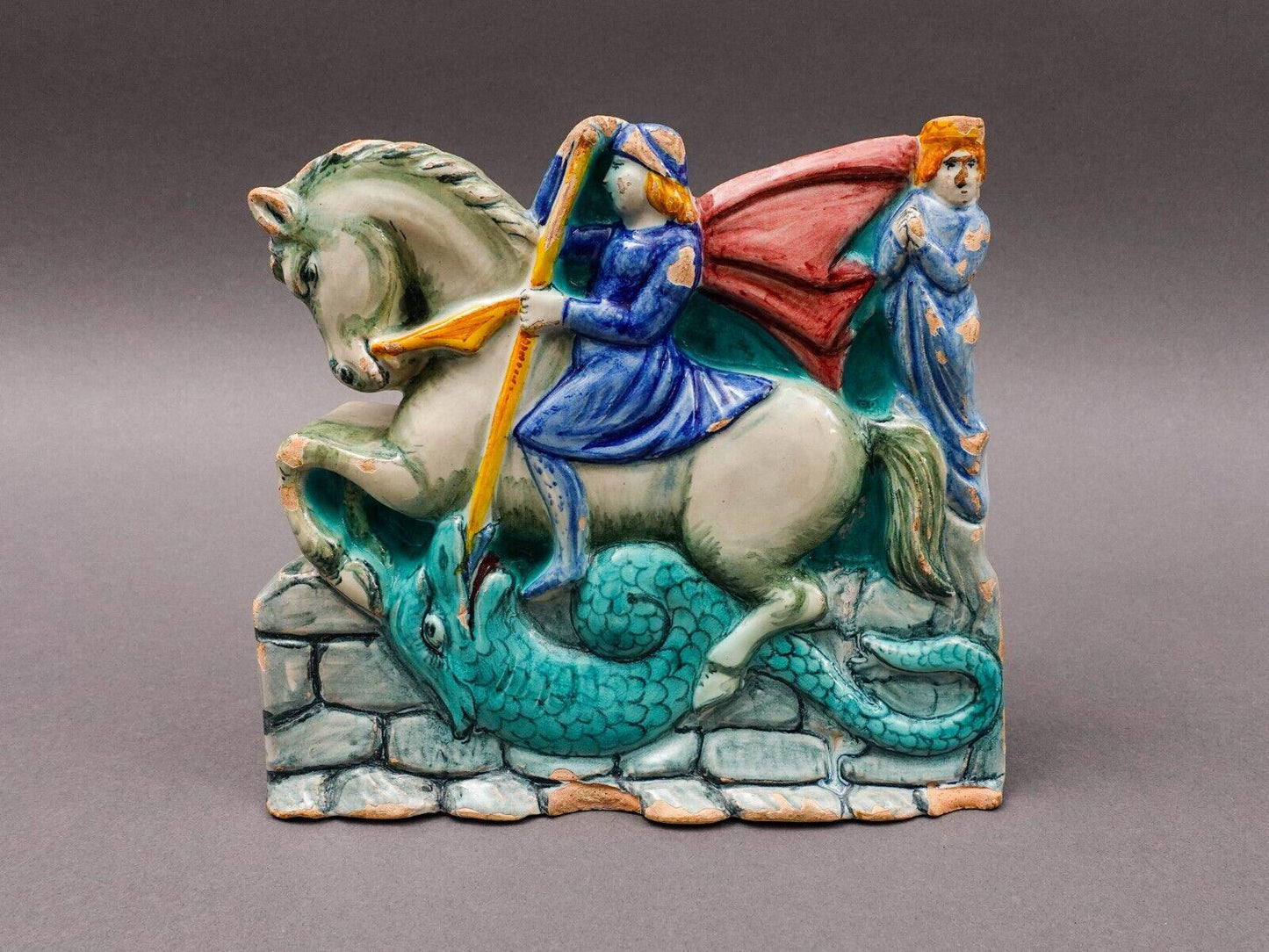 Antique Italian St George Slaying Dragon Terracotta Plaque Bookend Sculpture Set
