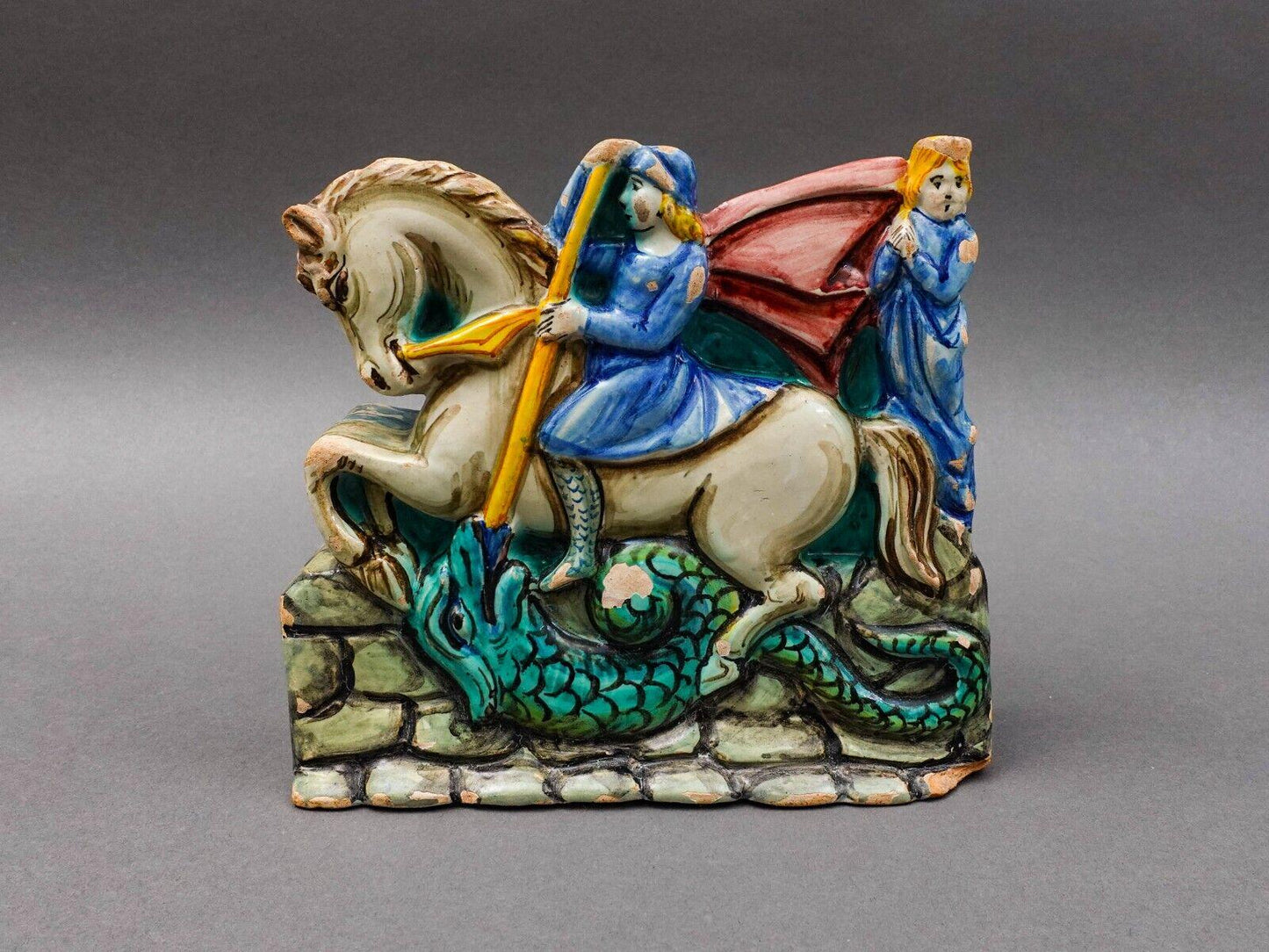 Antique Italian St George Slaying Dragon Terracotta Plaque Bookend Sculpture Set