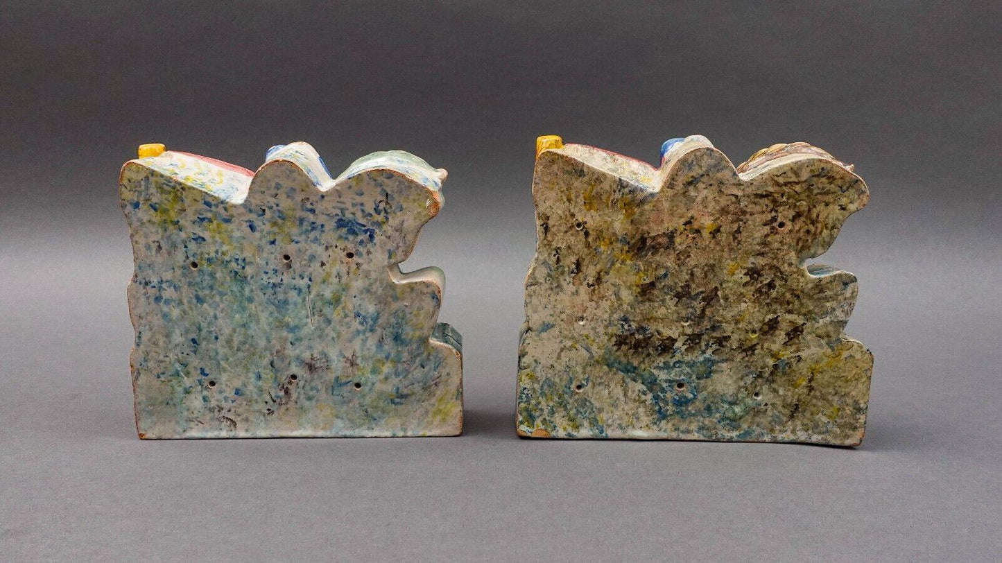 Antique Italian St George Slaying Dragon Terracotta Plaque Bookend Sculpture Set