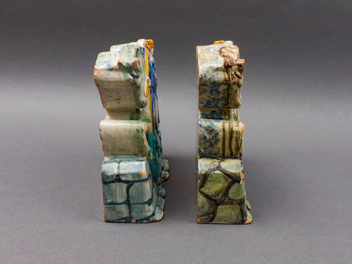 Antique Italian St George Slaying Dragon Terracotta Plaque Bookend Sculpture Set