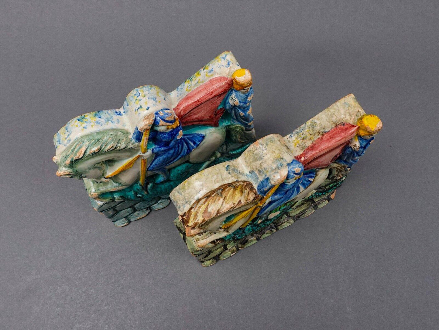 Antique Italian St George Slaying Dragon Terracotta Plaque Bookend Sculpture Set