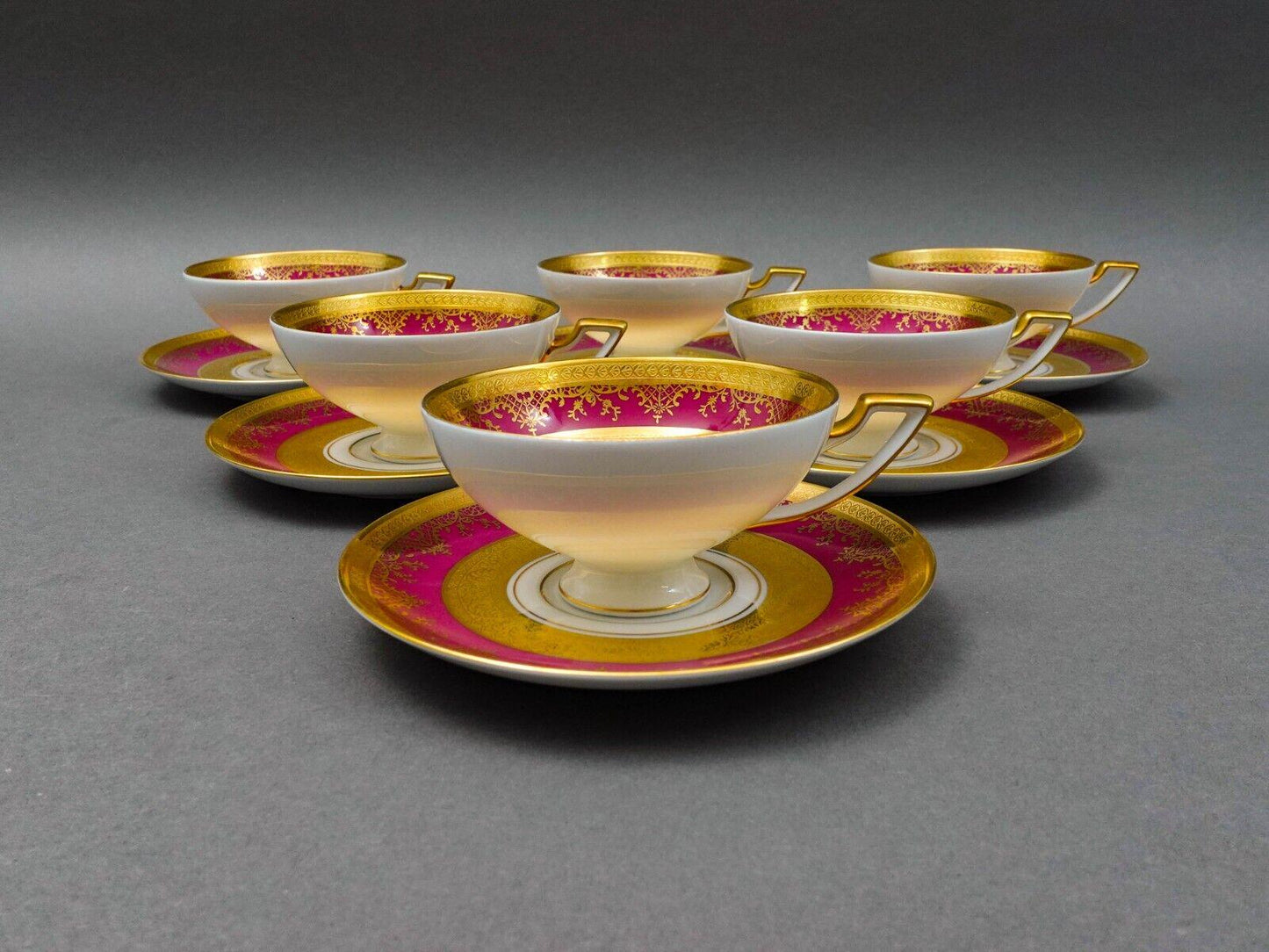 DW Porzellan Karlsbader Wertarbeit Fuchsia Gold Encrusted Cup & Saucer Set Of 6