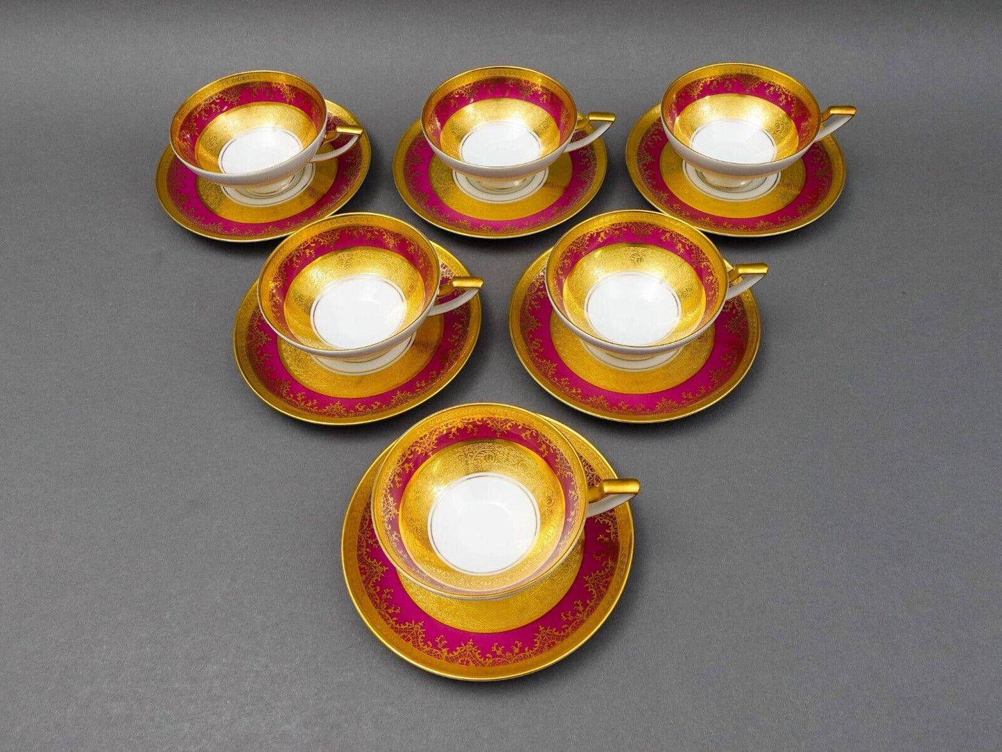 DW Porzellan Karlsbader Wertarbeit Fuchsia Gold Encrusted Cup & Saucer Set Of 6