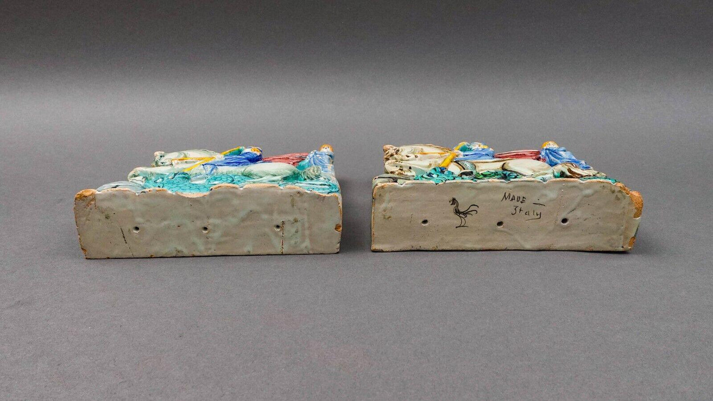 Antique Italian St George Slaying Dragon Terracotta Plaque Bookend Sculpture Set