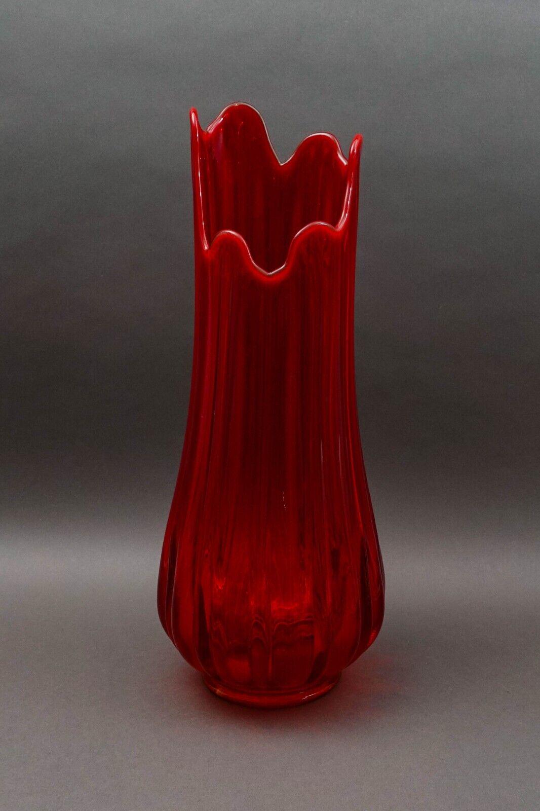 L.E. Smith Vintage MCM Large Red Art Glass Fat Bottom Ribbed Swung Vase 21 1/2"
