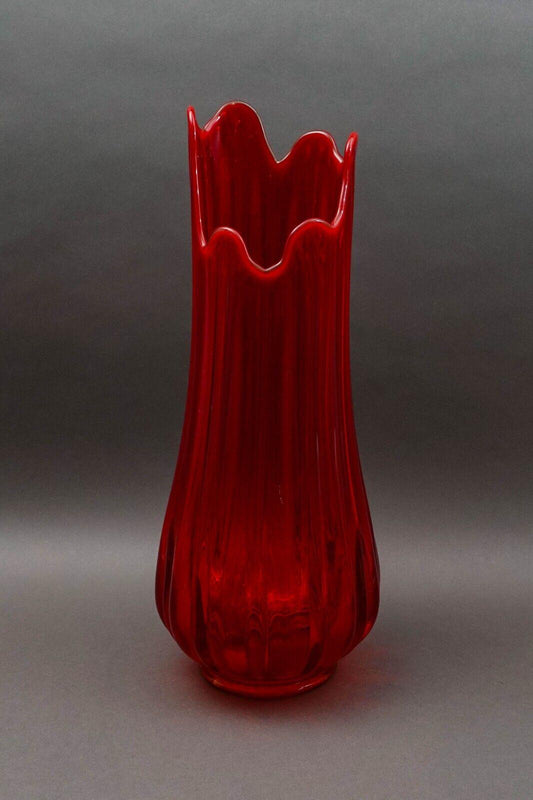L.E. Smith Vintage MCM Large Red Art Glass Fat Bottom Ribbed Swung Vase 21 1/2"