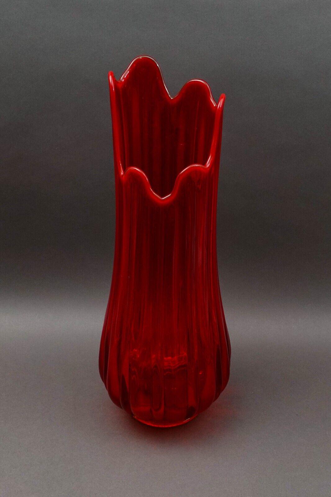 L.E. Smith Vintage MCM Large Red Art Glass Fat Bottom Ribbed Swung Vase 21 1/2"