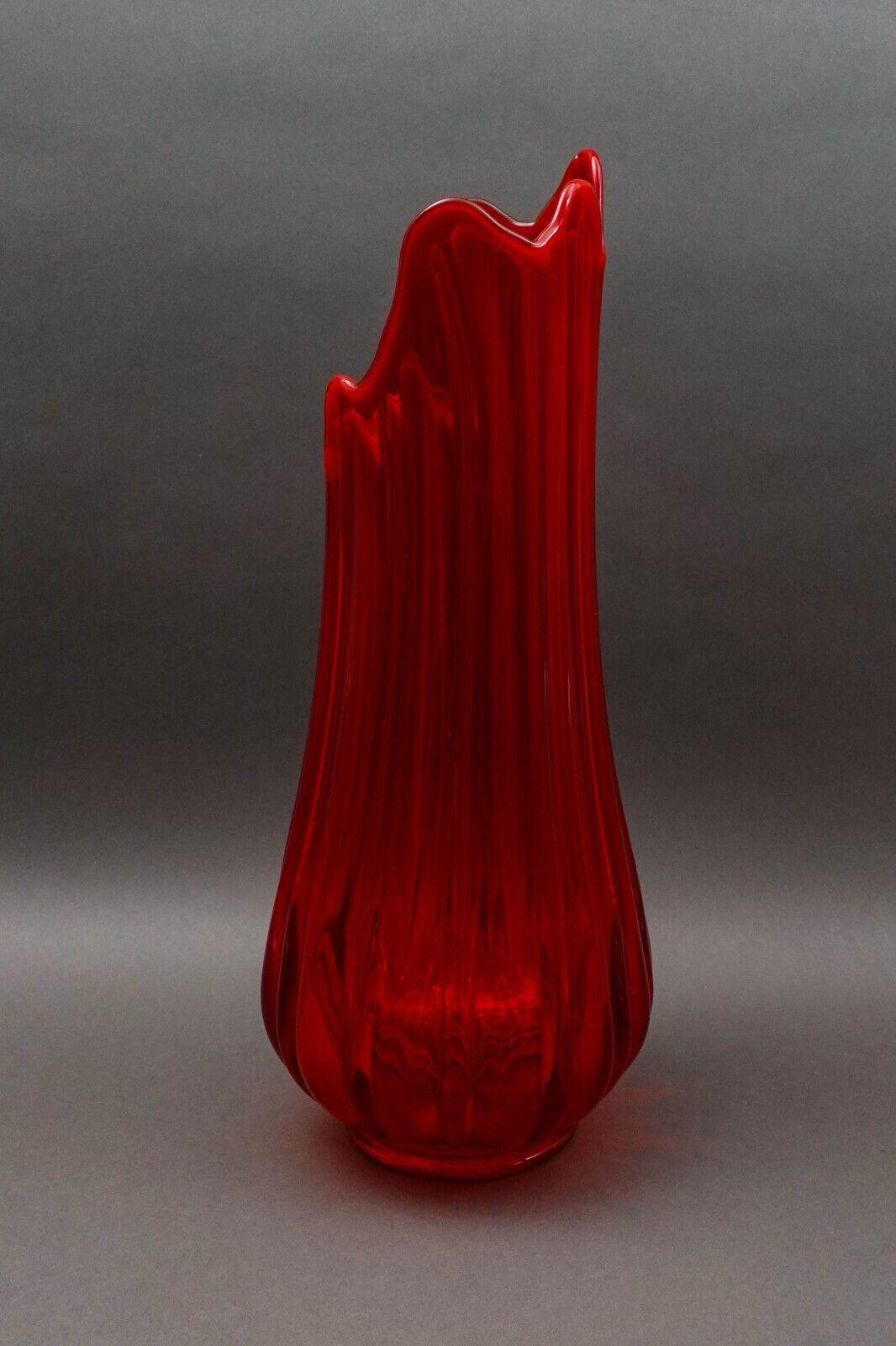 L.E. Smith Vintage MCM Large Red Art Glass Fat Bottom Ribbed Swung Vase 21 1/2"