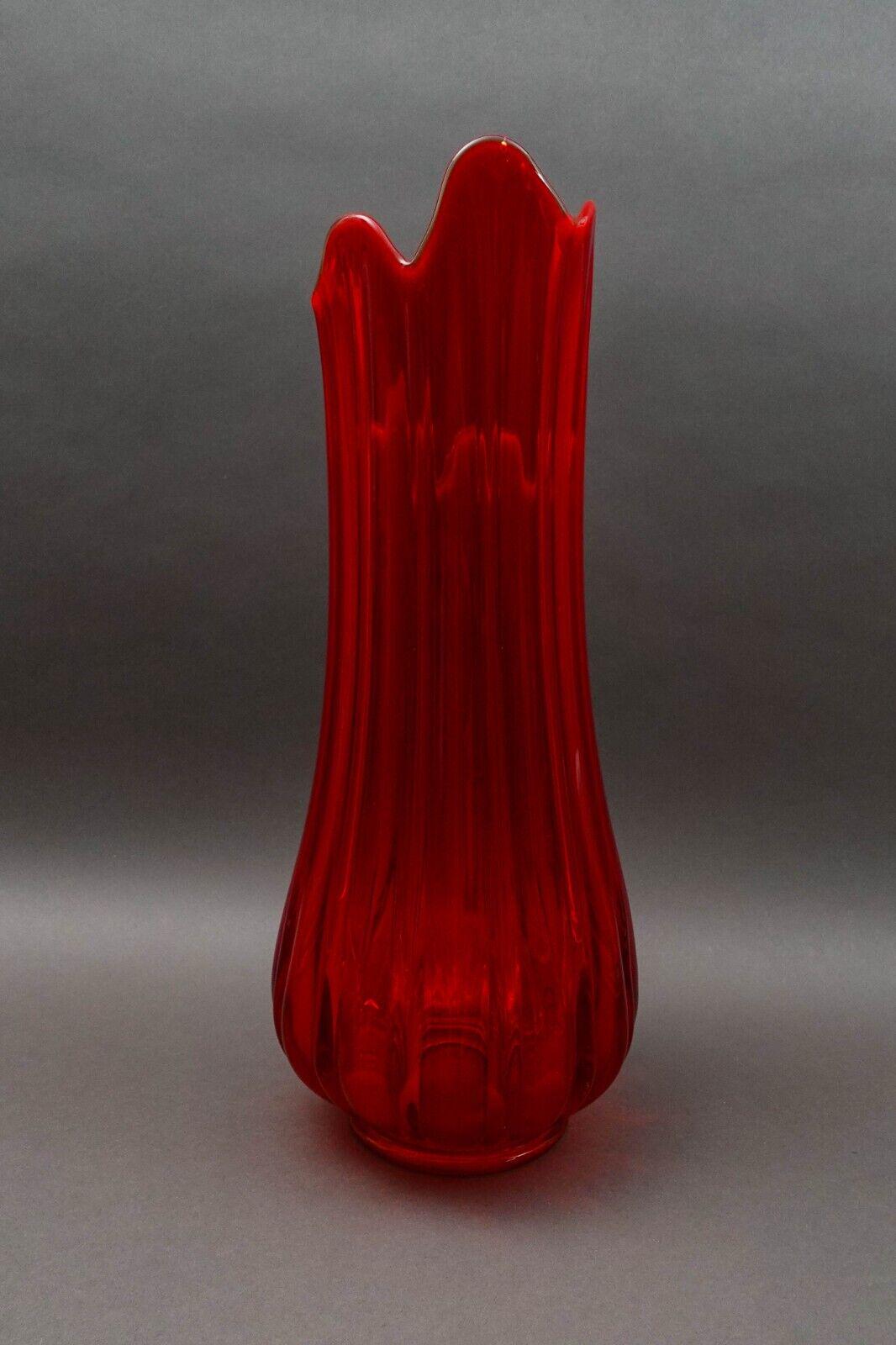 L.E. Smith Vintage MCM Large Red Art Glass Fat Bottom Ribbed Swung Vase 21 1/2"