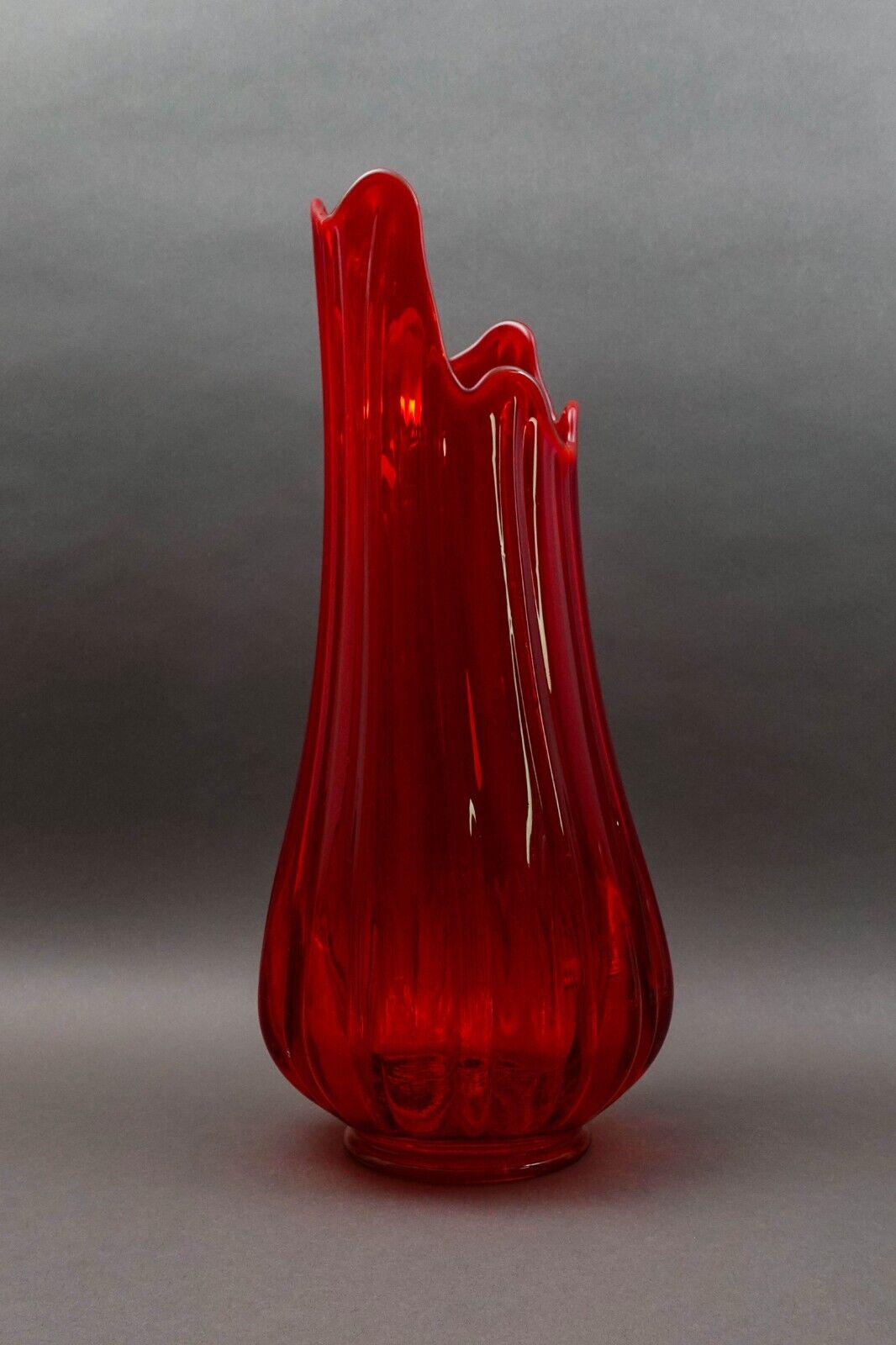 L.E. Smith Vintage MCM Large Red Art Glass Fat Bottom Ribbed Swung Vase 21 1/2"