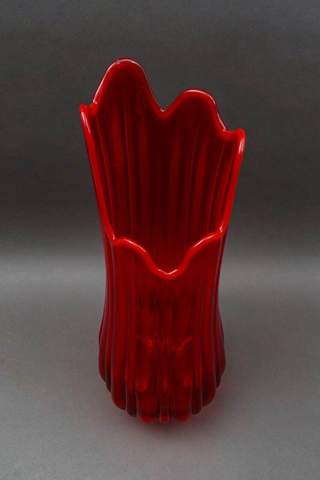 L.E. Smith Vintage MCM Large Red Art Glass Fat Bottom Ribbed Swung Vase 21 1/2"