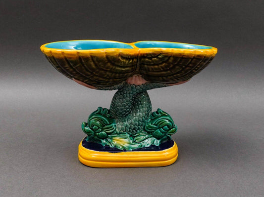 Vintage Signed Dolphin Fish Double Shell Majolica Pedestal Compote Dish 6"