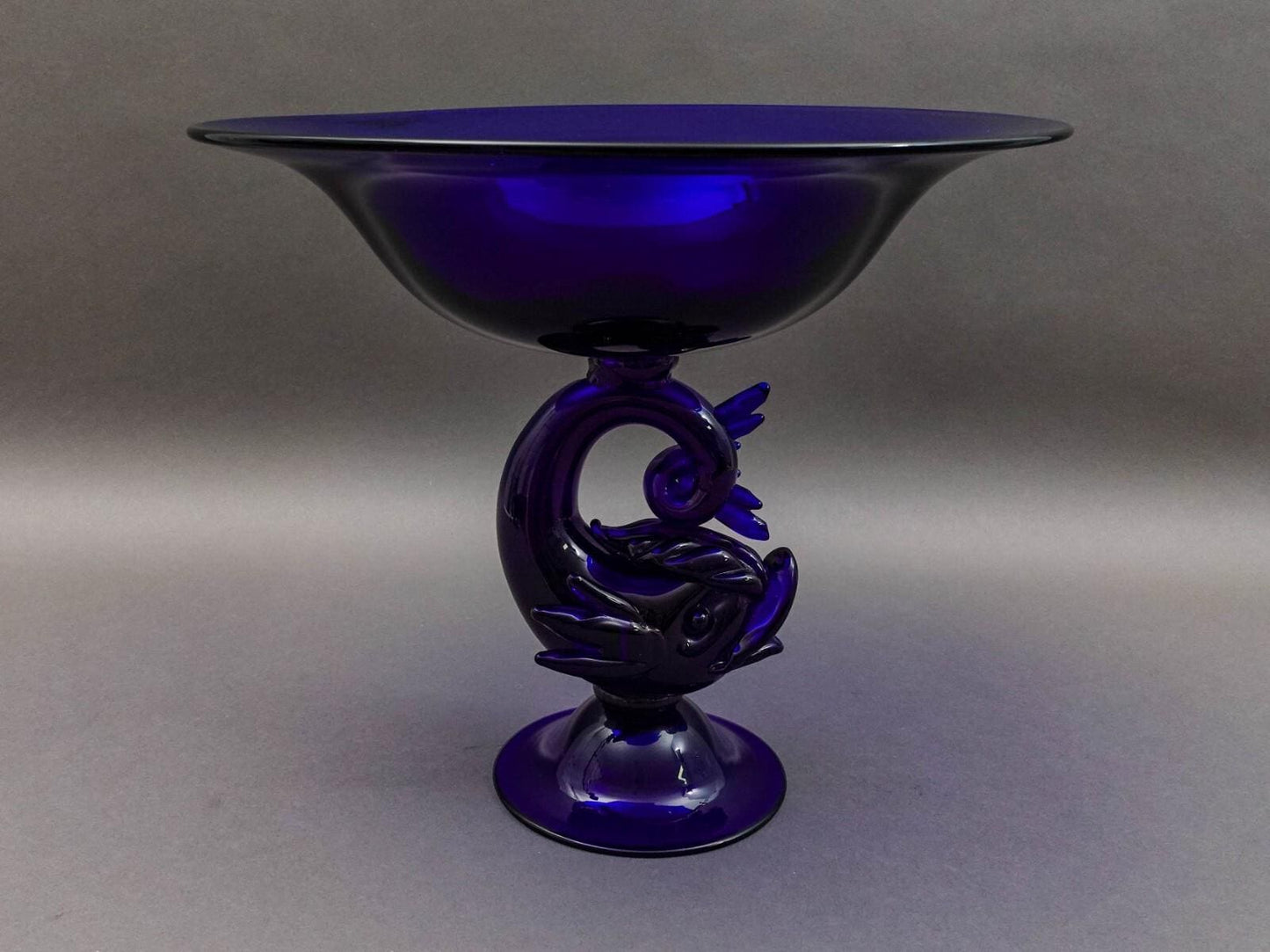 Archimede Seguso Murano Italy Cobalt Blue Glass Dolphin Fish Compote Bowl (Read)