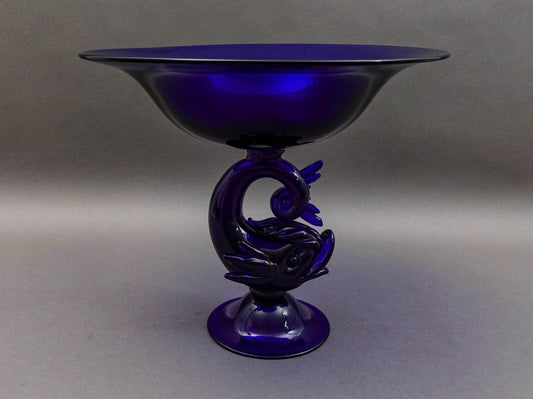 Archimede Seguso Murano Italy Cobalt Blue Glass Dolphin Fish Compote Bowl (Read)
