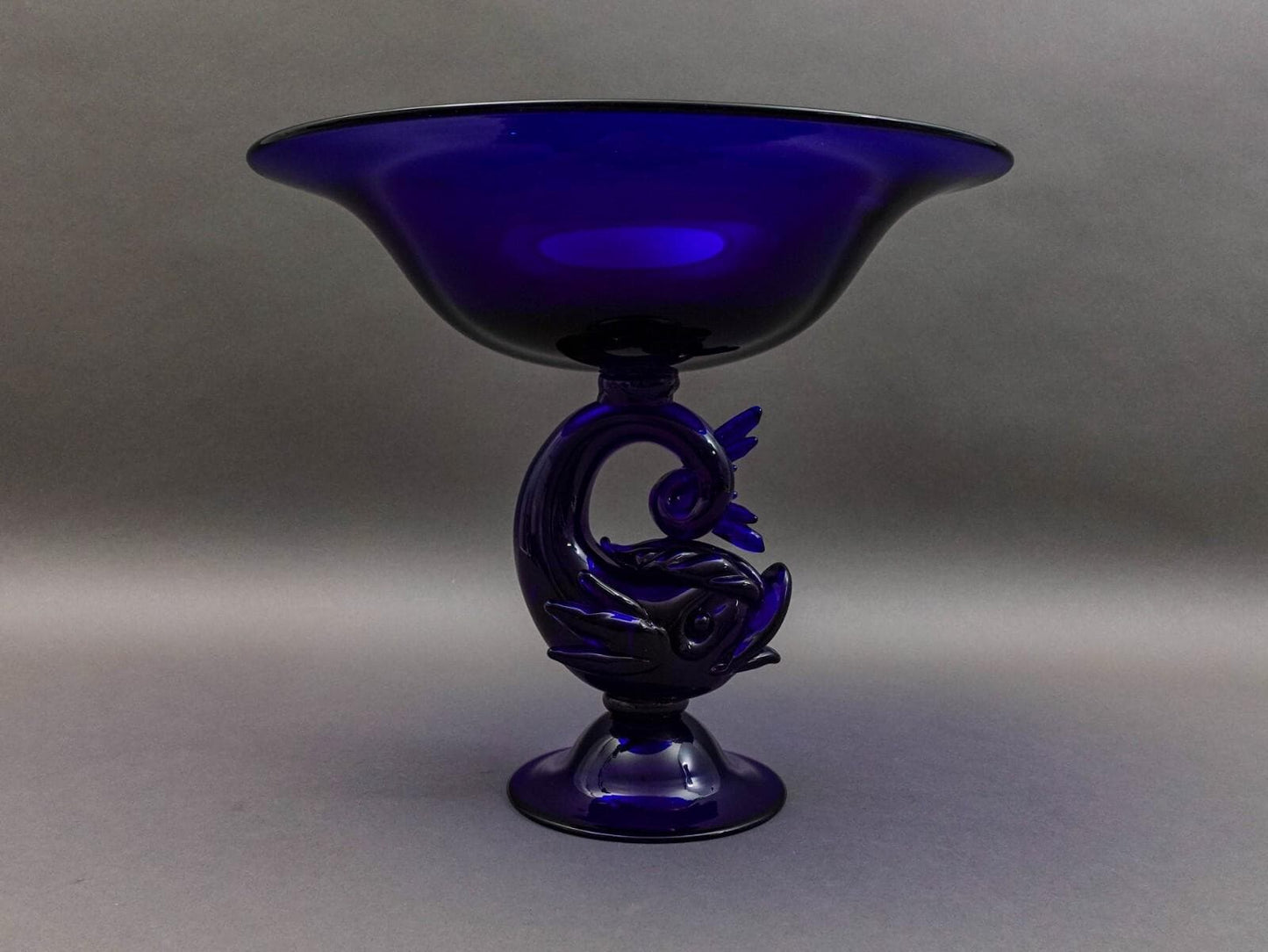 Archimede Seguso Murano Italy Cobalt Blue Glass Dolphin Fish Compote Bowl (Read)