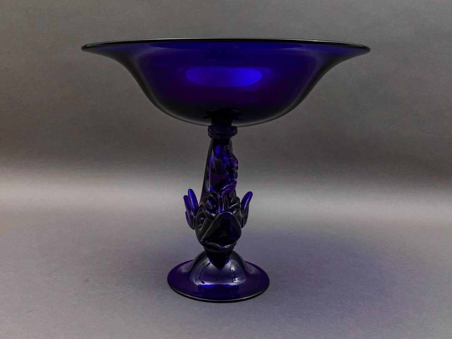 Archimede Seguso Murano Italy Cobalt Blue Glass Dolphin Fish Compote Bowl (Read)