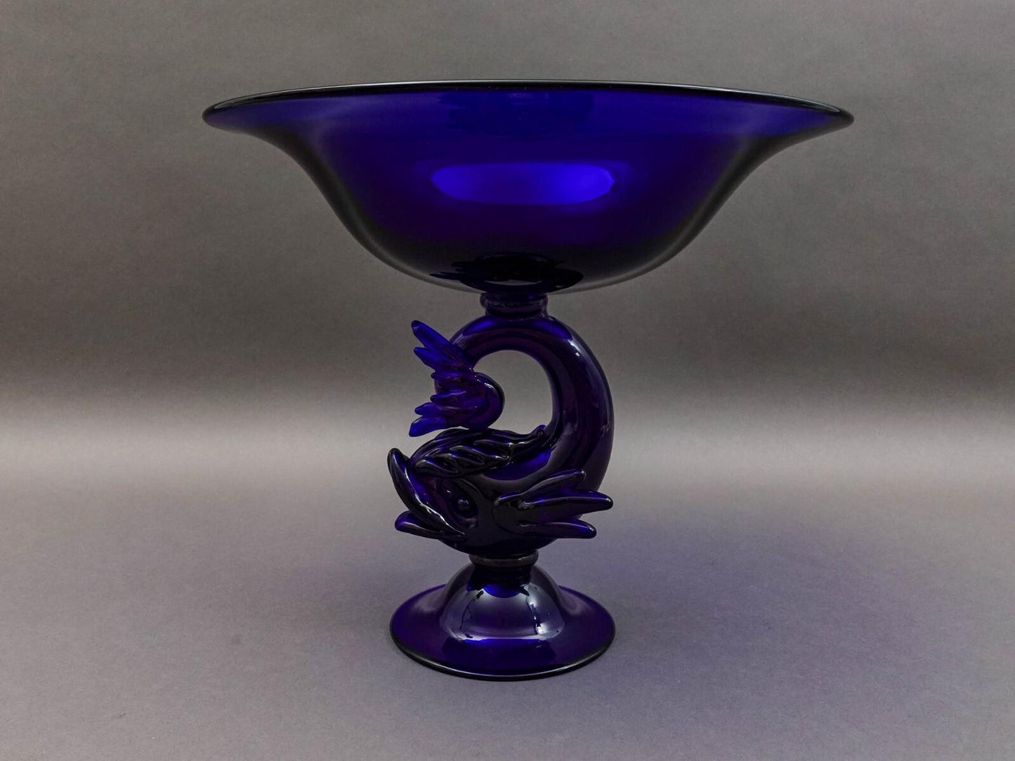 Archimede Seguso Murano Italy Cobalt Blue Glass Dolphin Fish Compote Bowl (Read)