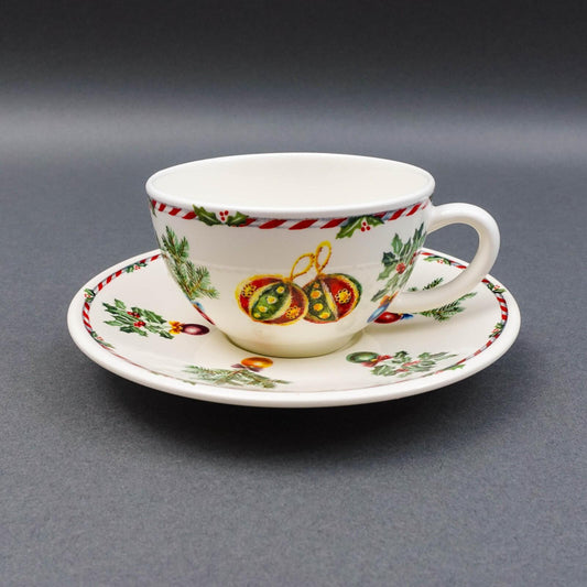 Gien France Joyeux Noel Porcelain Christmas Holiday Tea Cup & Saucer Set