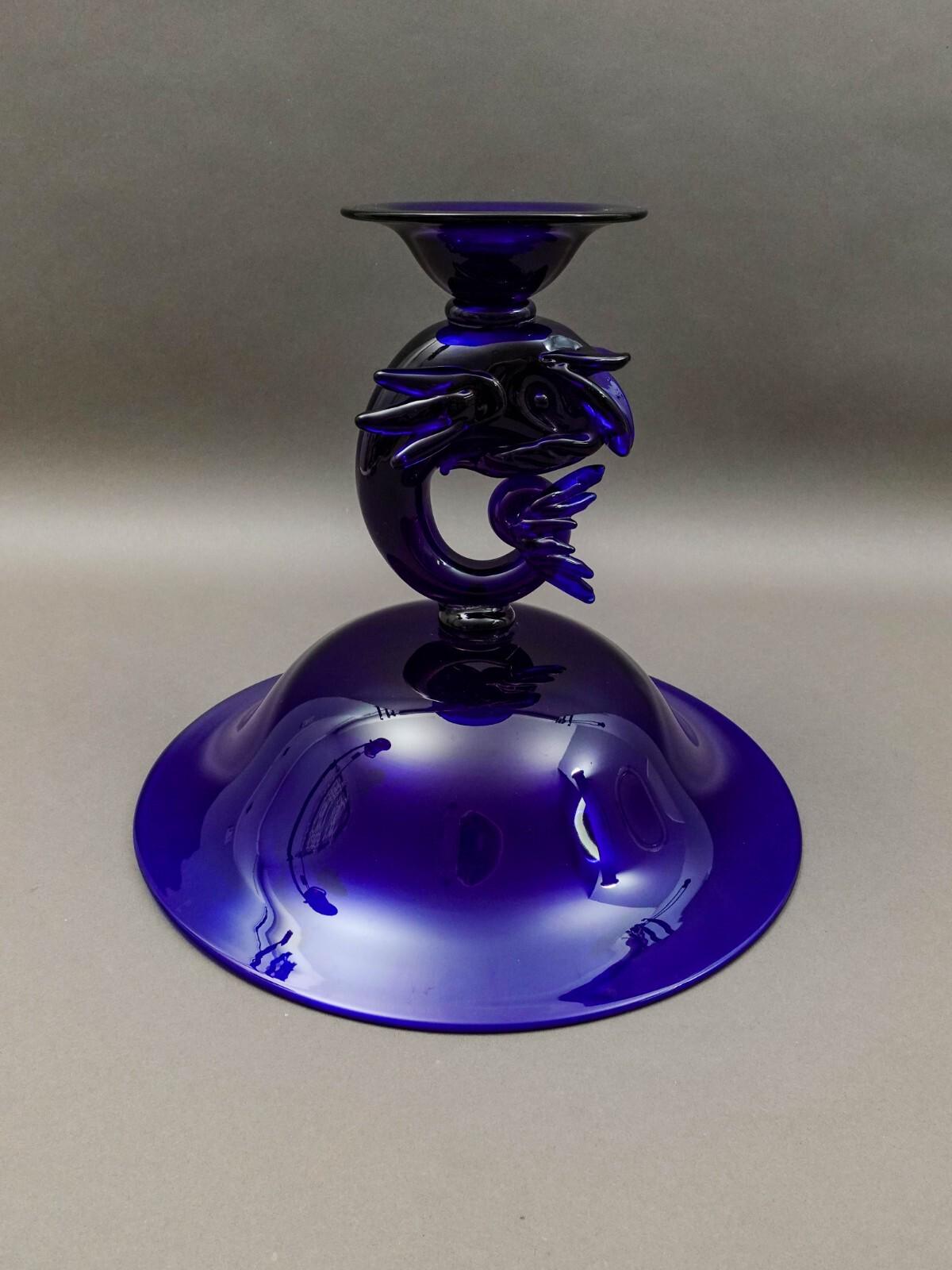 Archimede Seguso Murano Italy Cobalt Blue Glass Dolphin Fish Compote Bowl (Read)