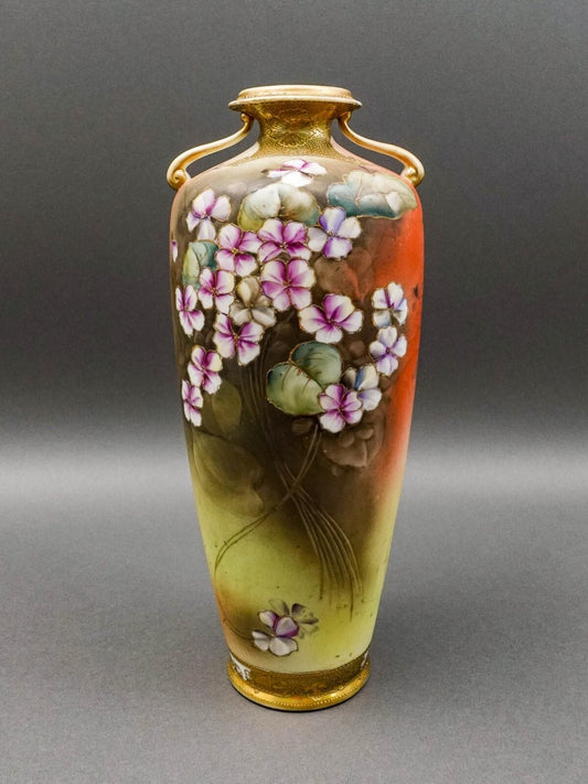 Nippon Japan Antique Hand Painted Floral Gold Gilt Porcelain Handled Vase