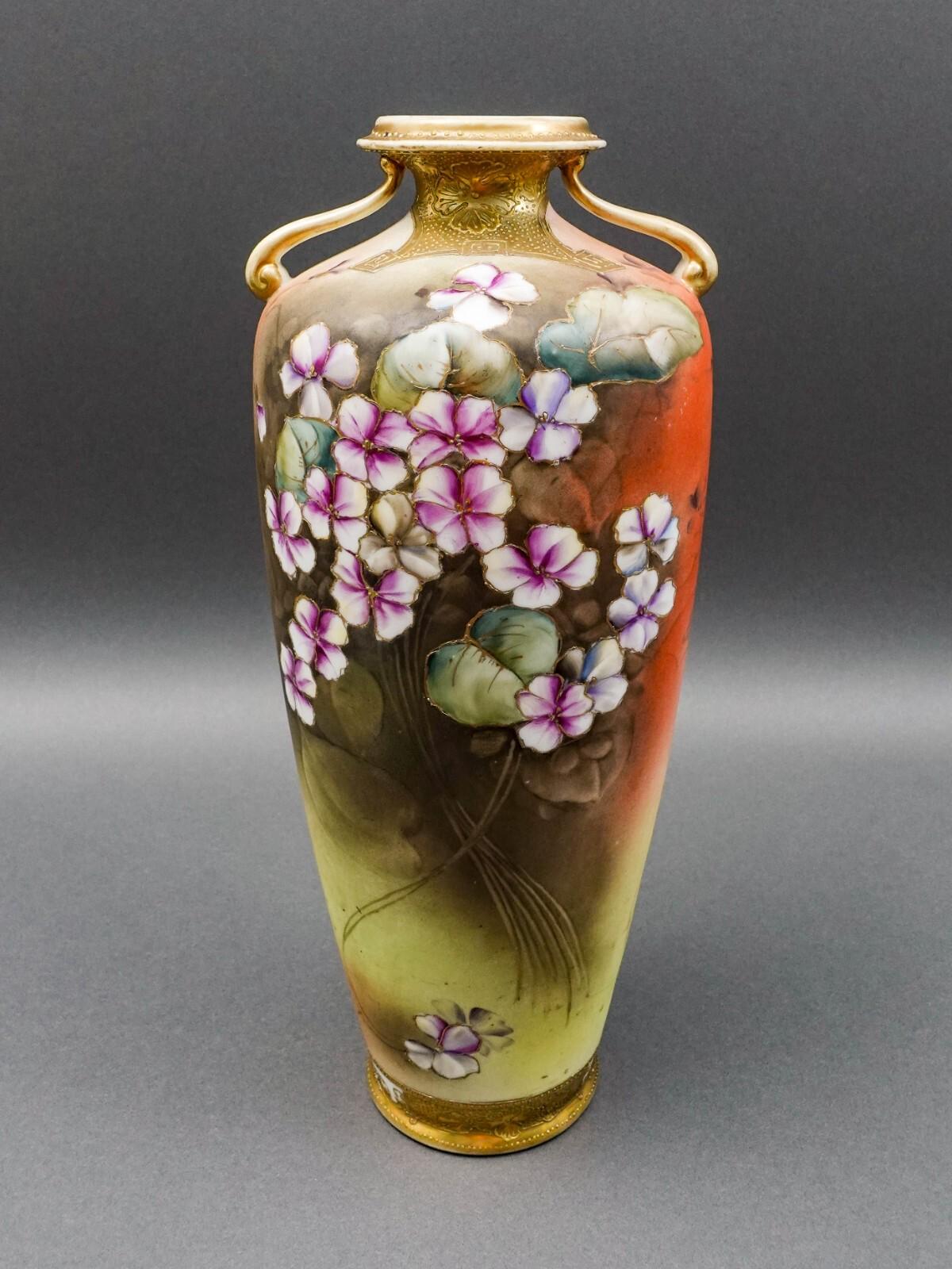 Nippon Japan Antique Hand Painted Floral Gold Gilt Porcelain Handled Vase