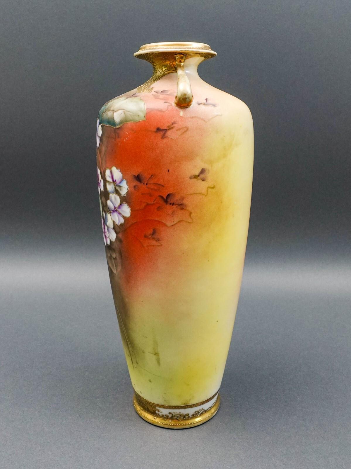 Nippon Japan Antique Hand Painted Floral Gold Gilt Porcelain Handled Vase