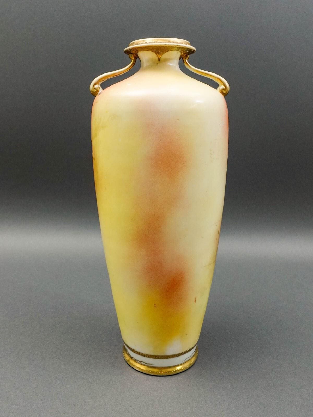 Nippon Japan Antique Hand Painted Floral Gold Gilt Porcelain Handled Vase