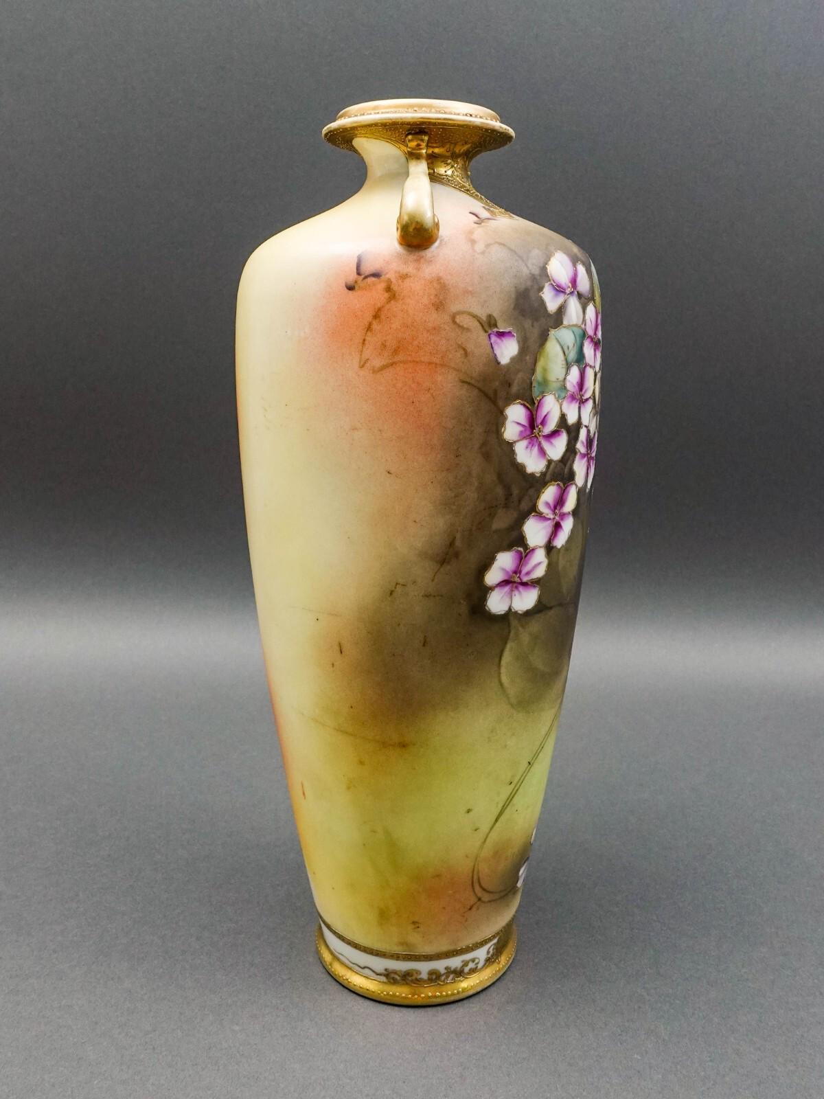 Nippon Japan Antique Hand Painted Floral Gold Gilt Porcelain Handled Vase