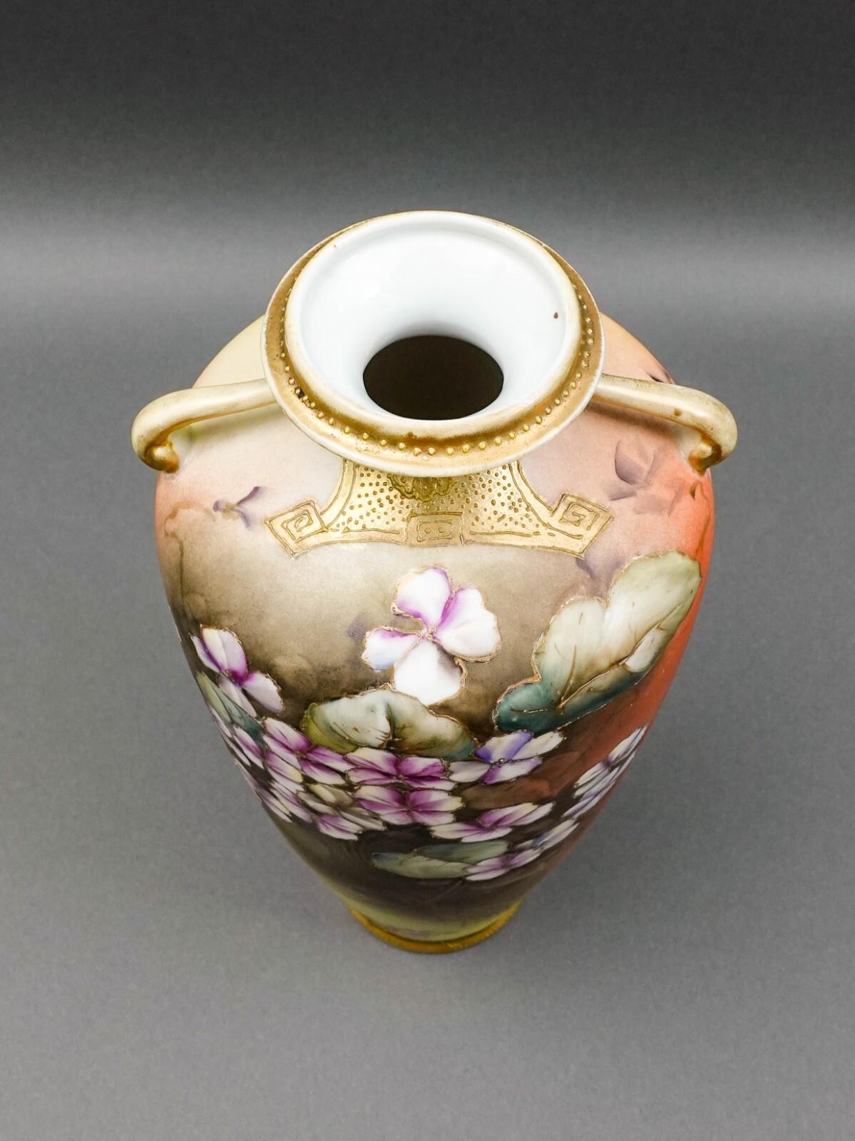 Nippon Japan Antique Hand Painted Floral Gold Gilt Porcelain Handled Vase