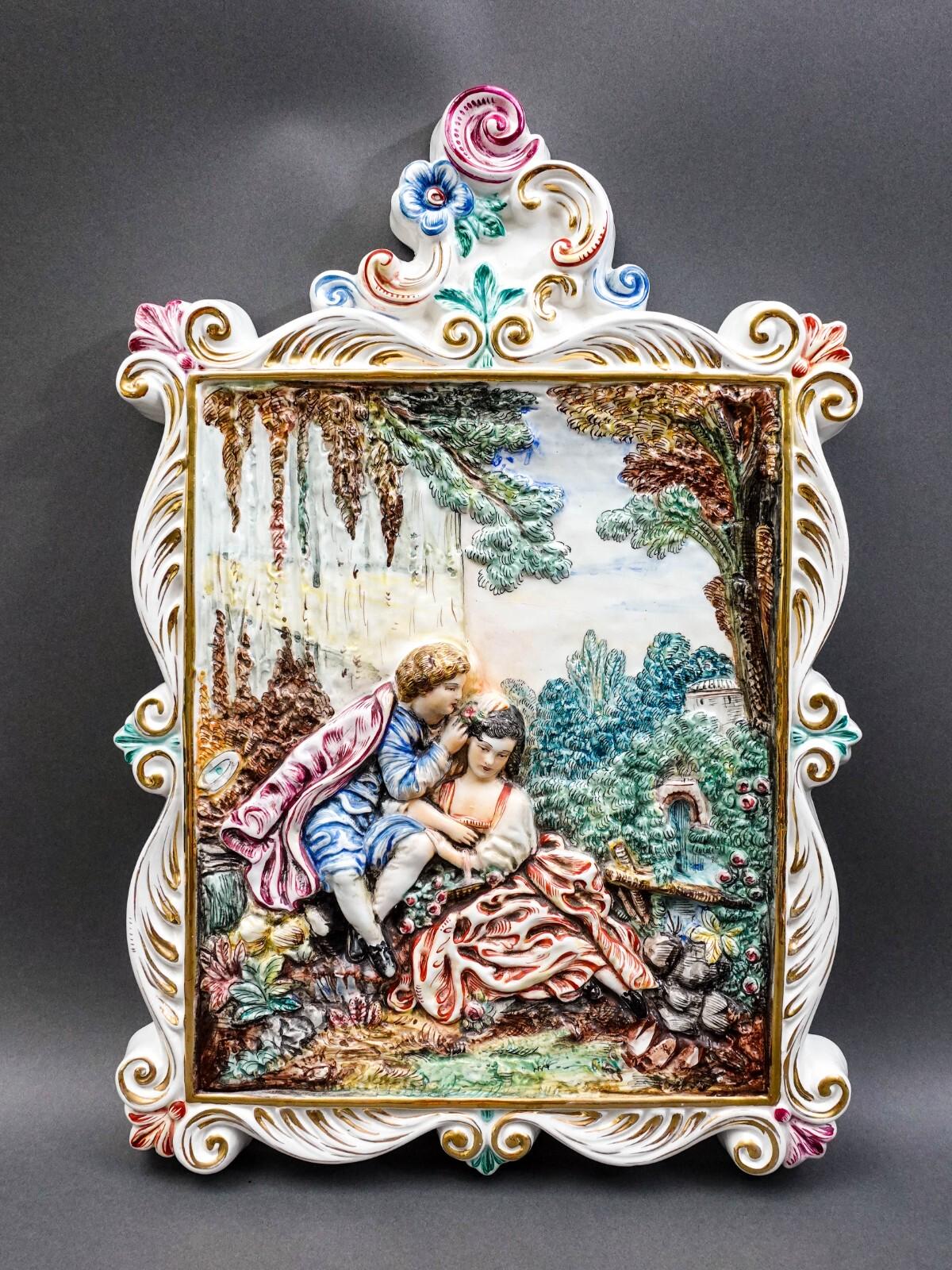 R. Capodimonte Italy Vintage Romantic Couple Relief Porcelain Wall Plaque