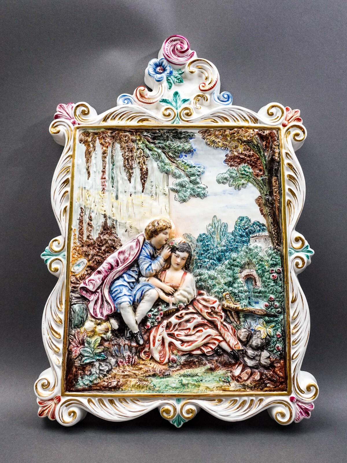 R. Capodimonte Italy Vintage Romantic Couple Relief Porcelain Wall Plaque