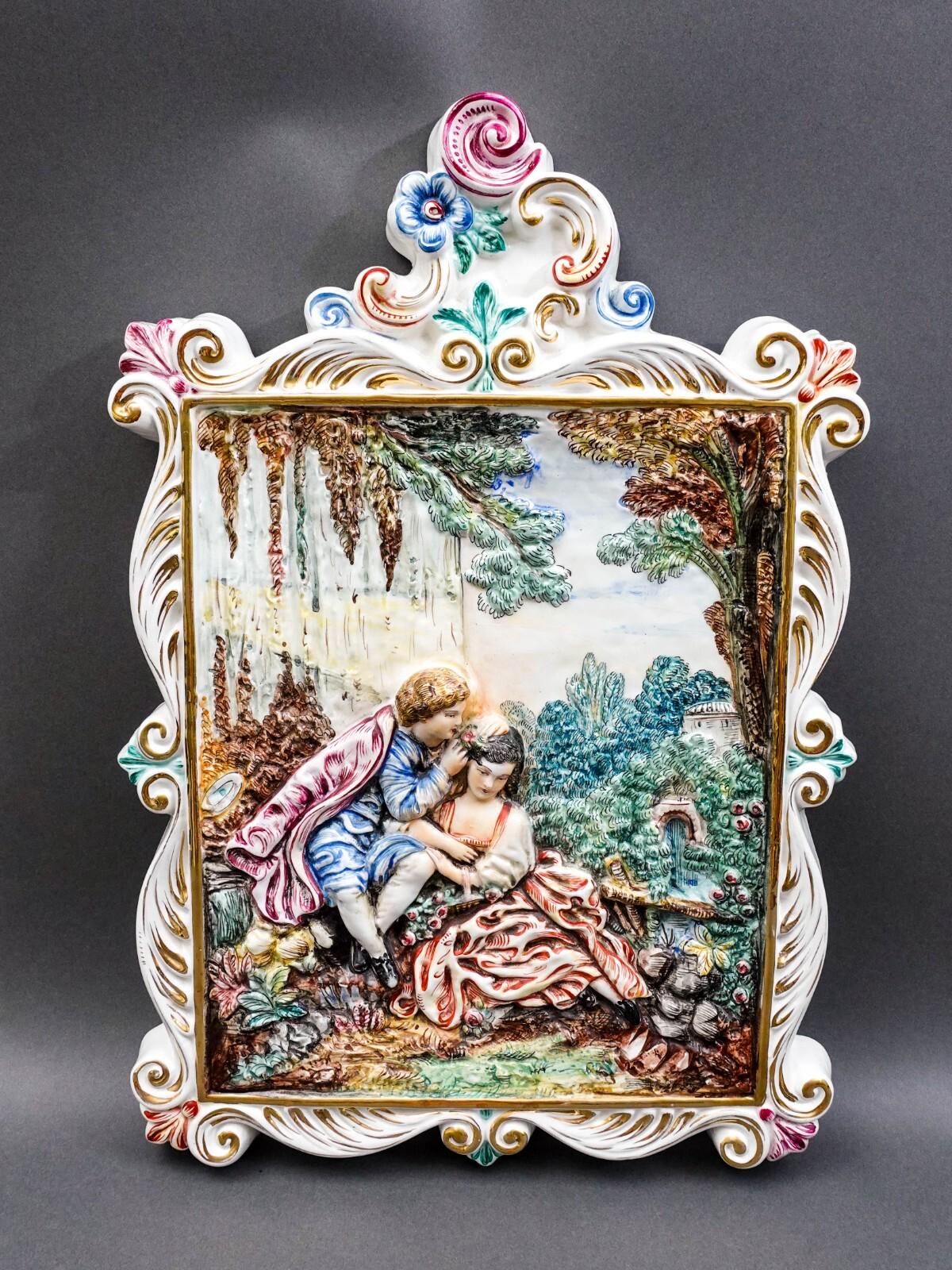 R. Capodimonte Italy Vintage Romantic Couple Relief Porcelain Wall Plaque