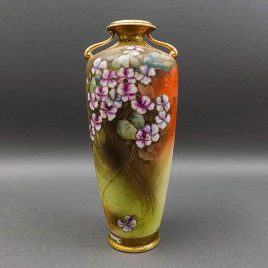 Nippon Japan Antique Hand Painted Floral Gold Gilt Porcelain Handled Vase