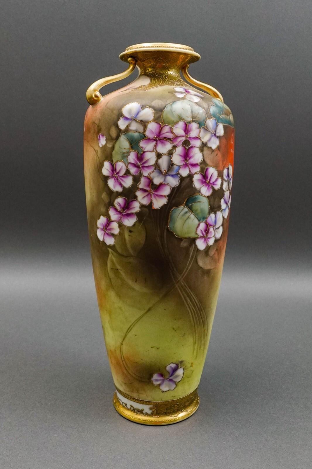 Nippon Japan Antique Hand Painted Floral Gold Gilt Porcelain Handled Vase
