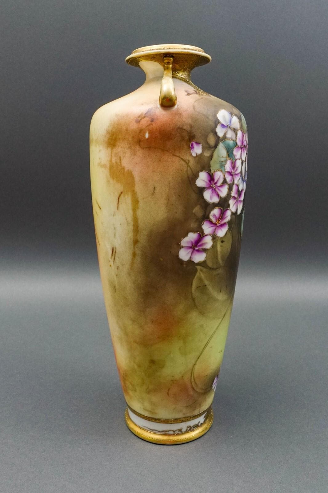 Nippon Japan Antique Hand Painted Floral Gold Gilt Porcelain Handled Vase