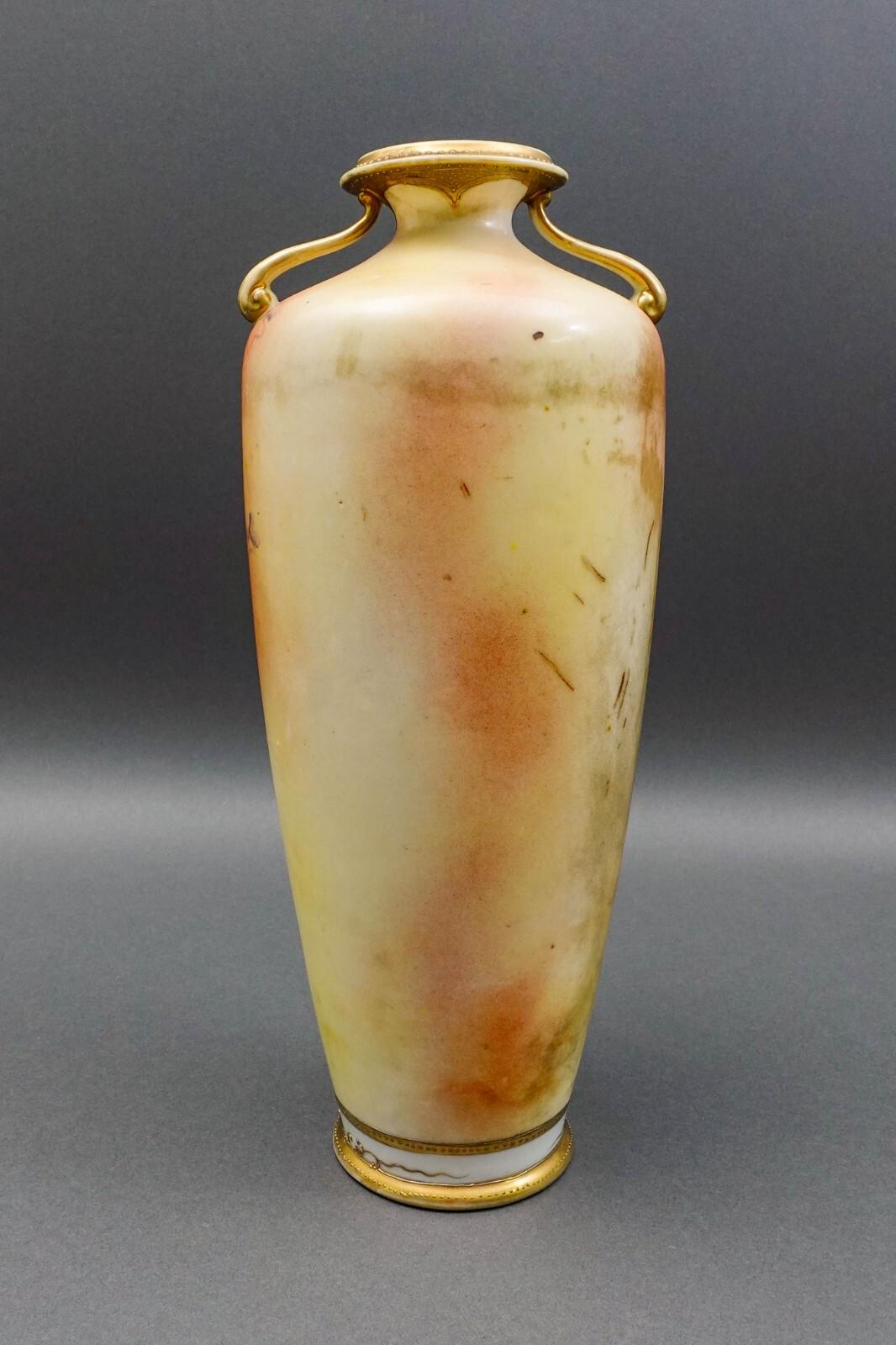 Nippon Japan Antique Hand Painted Floral Gold Gilt Porcelain Handled Vase